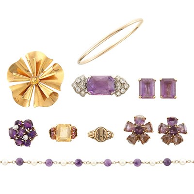 Lot 1415 - Group of Gold, Low Karat Gold, Cultured Pearl and Amethyst Jewelry