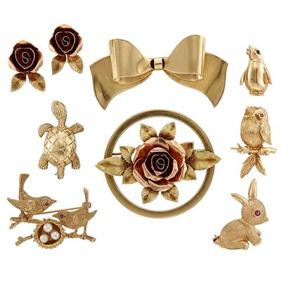 Lot 1430 - Group of Gold Pins and Pair of Gold Flower Earclips