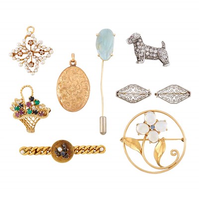 Lot 1236 - Group of Gold, Silver, Platinum and Gem-Set Pins and Gold Locket