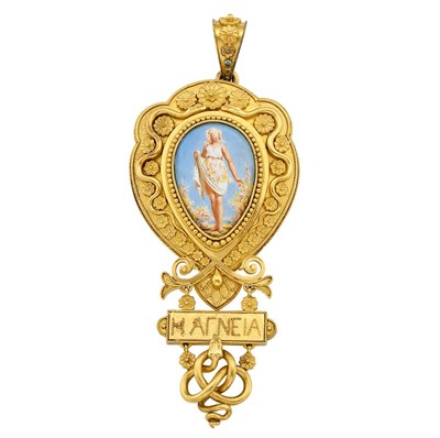 Lot 201 - Etruscan Revival Gold and Enamel Pendant-Brooch and Pair of Pendant-Earrings, Attributed to Eugene Fontenay