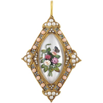 Lot 214 - Antique Gold, Reverse Crystal Intaglio, Coral, Split Pearl, Diamond and Enamel Pendant
