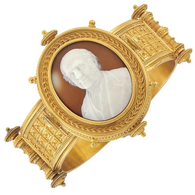 Lot 42 - Archaeological Revival Gold and Shell Cameo Bangle Bracelet