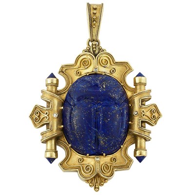 Lot 56 - Archaeological Revival Gold, Carved Lapis Scarab, Lapis and Diamond Pendant
