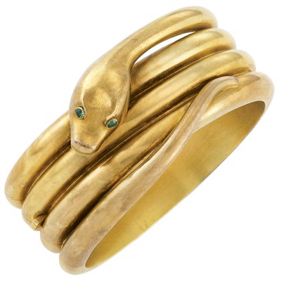 Lot 49 - Antique Gold and Emerald Snake Cuff Bangle Bracelet