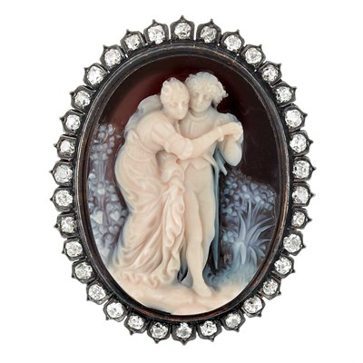 Lot 216 - Antique Silver, Gold, Hardstone Cameo and Diamond Pendant-Brooch, France