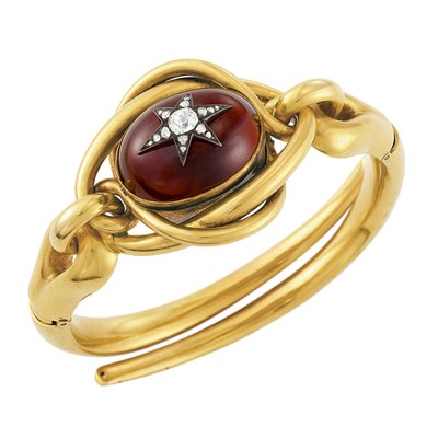Lot 198 - Antique Gold, Silver, Cabochon Garnet and Diamond Bangle Bracelet