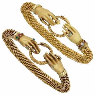 Lot 166 - Pair of Antique Gold, Diamond and Gem-Set Mesh Bracelets
