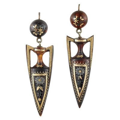 Lot 48 - Pair of Antique Pique Tortoise Shell Pendant-Earrings