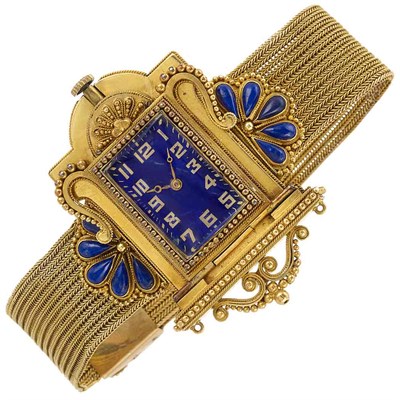 Lot 57 - Archaeological Revival Gold and Lapis Mesh Slide Bracelet-Watch