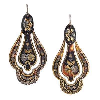 Lot 46 - Pair of Antique Pique Tortoise Shell Pendant-Earrings