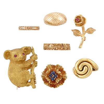 Lot 1225 - Two Gold Pins and Five Rings