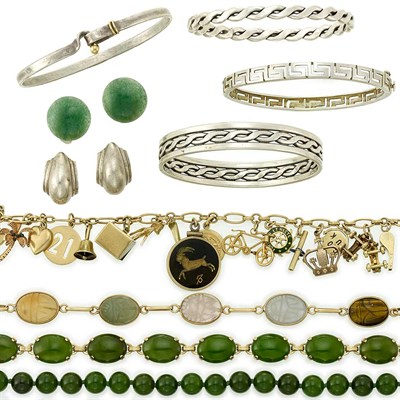 Lot 1407 - Group of Gold, Sterling Silver, Metal and Hardstone Jewelry