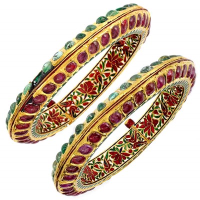 Lot 1258 - Pair of Indian Gold, Foiled-Back Ruby and Emerald and Jaipur Enamel Bangle Bracelets