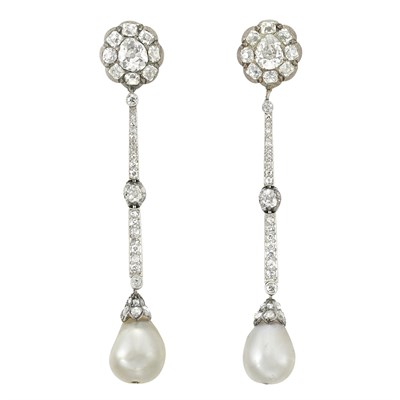 Lot 386 - Pair of Silver, Platinum, Diamond and Natural Pearl Pendant-Earrings