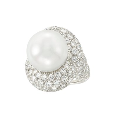 Lot 101 - Platinum, South Sea Cultured Pearl and Diamond Ring, David Webb
