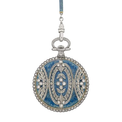 Lot 387 - Belle Epoque Platinum, Gold, Blue Guilloche Enamel and Diamond Pendant-Watch Necklace