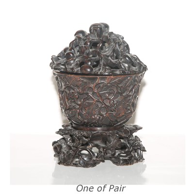 Lot 216 - Pair of Asian Carved Wood Covered Urns on...