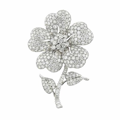 Lot 441 - Platinum and Diamond Flower Clip-Brooch