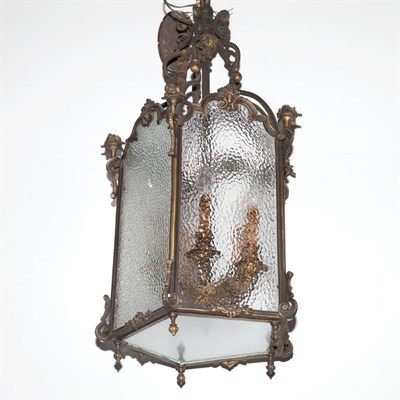 Lot 437 - Metal and Glass Hall Lantern Height 30 inches,...