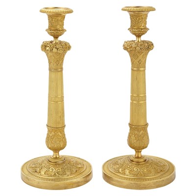 Lot 333 - Pair of Restauration Gilt-Bronze Candlesticks...