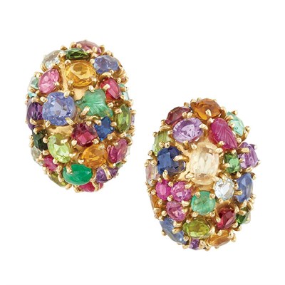 Lot 57 - Pair of Gold and Multicolored Stone Bombe Earclips