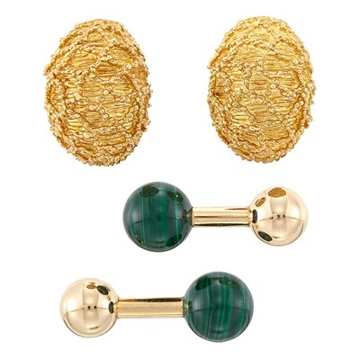 Lot 1305 - Pair of Gold Earclips and Pair of Gold and Malachite Cufflinks