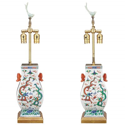 Lot 319 - Pair of Chinese Famille Verte Porcelain Lamps...