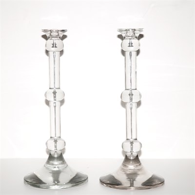 Lot 303 - Pair of Glass Candlesticks Height 19 inches.