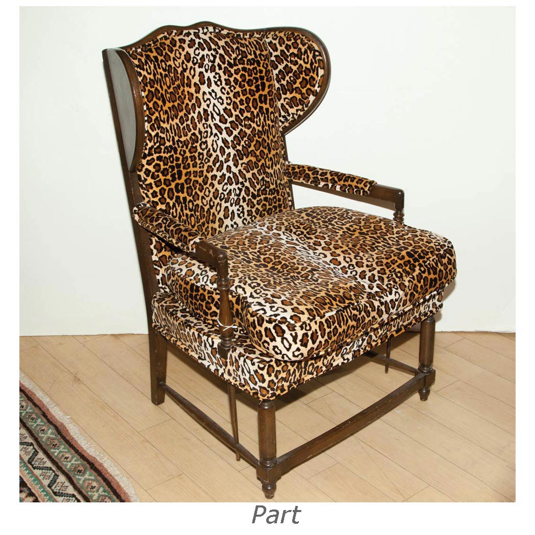 Lot 205 - Faux Leopard Upholstered Stained Wood Wing...
