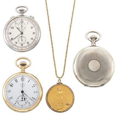 Lot 1444 - Gold and Gold Coin Pendant with Chain Necklace and Three Gold, Metal and Silver Pocket Watches