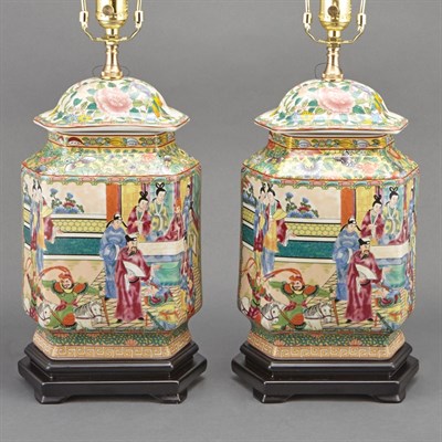 Lot 437 - Pair of Chinese Famille Rose Porcelain Lamps...