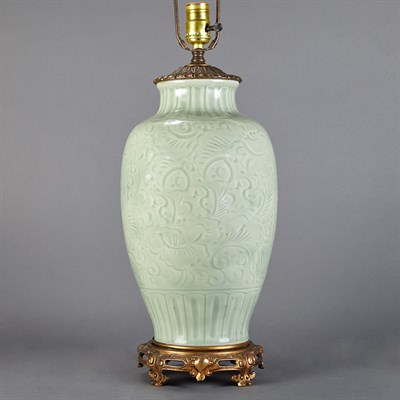 Lot 521 - Chinese Celadon Glazed Porcelain Lamp Height...