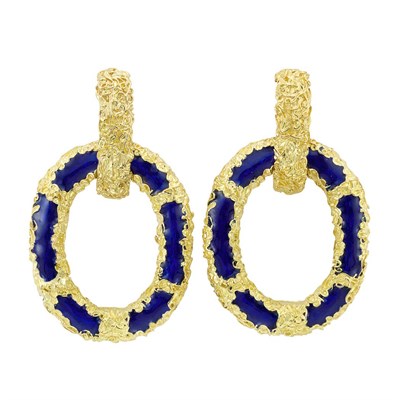 Lot 337 - Pair of Gold and Blue Enamel Hoop Earclips