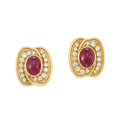 Lot 111 - Pair of Gold, Cabochon Ruby and Diamond Earclips, Van Cleef & Arpels