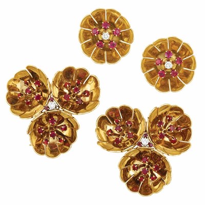 Lot 123 - Pair of Gold, Ruby and Diamond Flower Clips and Pair of Earclips, Tiffany & Co.