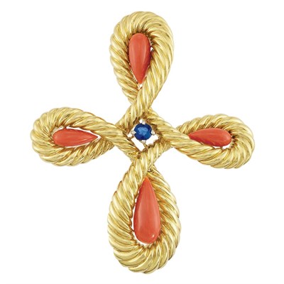 Lot 146 - Gold, Coral and Sapphire Pendant Clip-Brooch, Van Cleef & Arpels, France