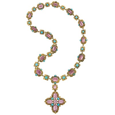 Lot 157 - Antique Gold, Foiled-Back Pink Topaz and Turquoise Pendant-Necklace