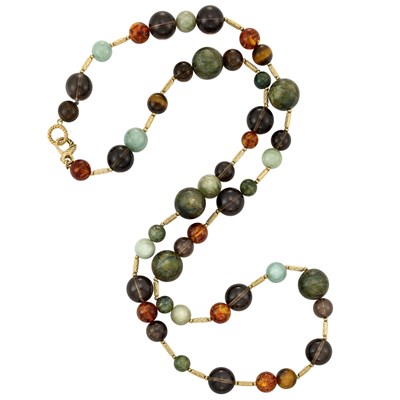 Lot 62 - Long Gold and Hardstone, Amber and Smoky Quartz Bead Necklace, David Yurman
