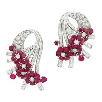 Lot 357 - Pair of Platinum, Ruby and Diamond Clips, France
