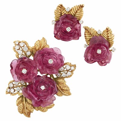 Lot 170 - Gold, Carved Pink Tourmaline Flower and Diamond Clip-Brooch and Pair of Earclips, Van Cleef & Arpels