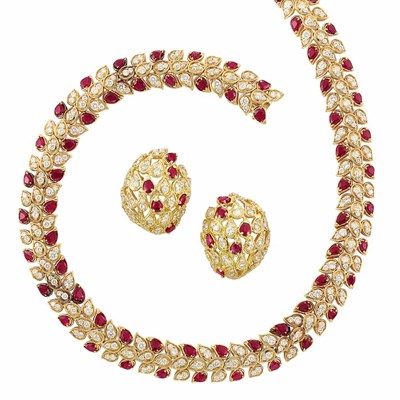Lot 282 - Gold, Diamond and Ruby Necklace and Pair of Earclips, Andre Col, France