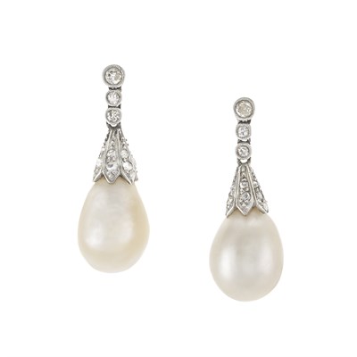 Lot 420 - Pair of Platinum, Diamond and Natural Pearl Pendant-Earrings