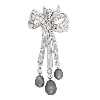 Lot 372 - Platinum, Diamond and Natural Black Pearl Clip-Brooch