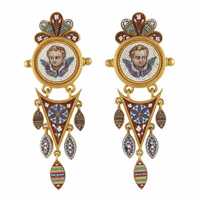 Lot 161 - Pair of Antique Gold and Micromosaic Pendant-Earclips