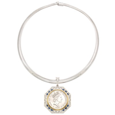 Lot 1140 - Platinum, Yellow Gold, Diamond, Sapphire and Coin Pendant with White Gold Necklace