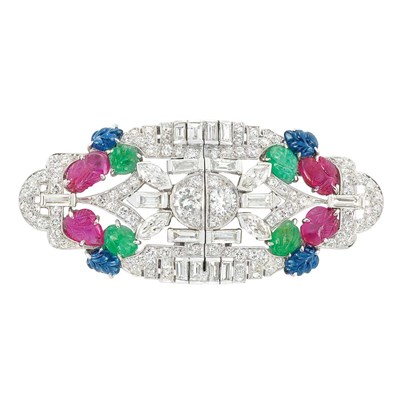 Lot 358 - Platinum, White Gold, Diamond and Carved Colored Stone 'Tutti Frutti' Double Clip-Brooch