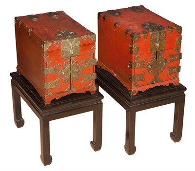 Lot 403 - Pair of Chinese Brass Mounted Red Lacquered...