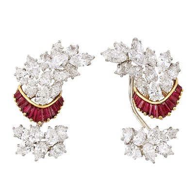 Lot 273 - Pair of Platinum, Gold, Diamond and Ruby Earclips, Hammerman Brothers
