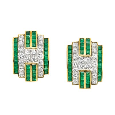 Lot 118 - Pair of Two-Color Gold, Diamond and Emerald Earclips