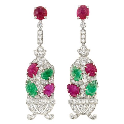 Lot 424 - Pair of Art Deco Platinum, Diamond and Carved Emerald and Ruby 'Tutti Frutti' Pendant-Earclips, Cartier